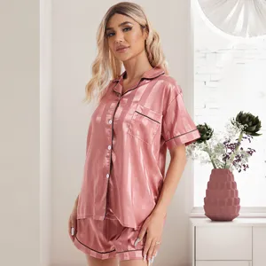 Women silk satin striped short sleeve pajama set detailed view, comfortable sleepwear lounge wear