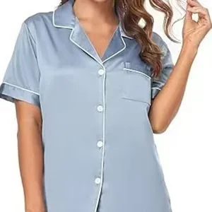 Top de pijama de mujer de satén de seda de manga corta ropa de dormir con ribetes en contraste.