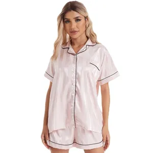 Dames satijn zijde pyjama set korte mouw knoopnachtkleding roze gestreepte loungewear