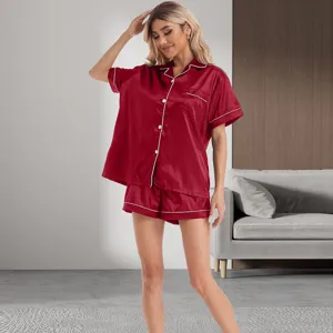 Women's red satin short sleeve pajama set with white piping, comfortable sleepwear homewear.