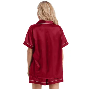 Women red satin pajama set short sleeve and shorts back view sleepwear loungewear