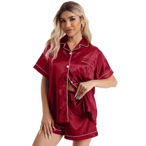 Wine red satin short sleeve top and shorts pajama set, smooth fabric, comfortable homewear.