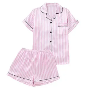 Women pink striped satin pajama set short sleeve top and shorts sleepwear loungewear summer