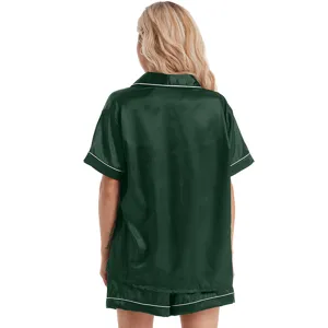 Women satin pajama set short sleeve and shorts loungewear in dark green, comfortable sleepwear.