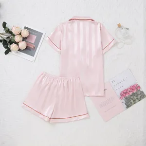 Women silk striped pajama set short sleeve top and shorts in pink for comfortable sleepwear.