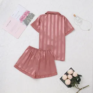 Women silk satin pajama set short sleeve shorts sleepwear pink vertical striped lounge wear