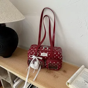 Sac à épaule rouge à pois blancs pour femme, élégant sac cabas tendance avec poches transparentes.