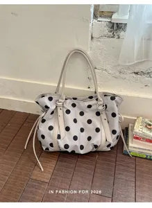 Large capacity polka dot canvas tote bag, casual shoulder bag with metal rings and stylish design.