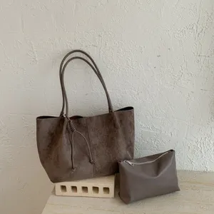 Chic brown suede tote bag with matching pouch, large capacity commuter shoulder bag for women.
