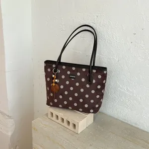 Brown polka dot tote bag for women, large capacity shoulder bag, autumn fashion commute style handbag.