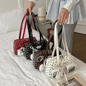 Élégant sac à bandoulière à pois pour femme, grand cabas de travail avec charmantes perles.