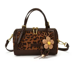 Chic leopard print pillow handbag stylish top handle boston bag crossbody purse for women.