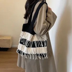 Women Woven Knit Fabric Striped Tassel Shoulder Bag Large Capacity Summer Beach Resort Vacation Underarm Tote Bag Elegant Style Casual Shopping Travel Handbag