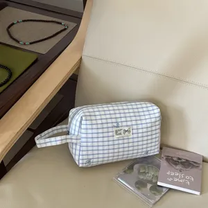 Blau-weiße karierte Kosmetiktasche große Kapazität Reise Make-up Etui mit Griff
