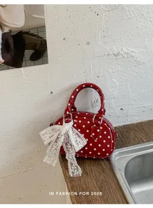 Red polka dot handbag for women, stylish summer shoulder crossbody bag with white lace bow.