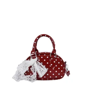 Women red polka dot handbag chic lace bow shoulder crossbody bag casual top handle purse