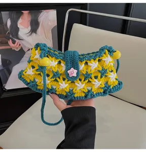 Handmade crochet shoulder bag with yellow beads and cute star button for women autumn style.