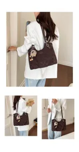 Retro brown tote bag for women, large capacity shoulder bag, autumn winter casual handbag.