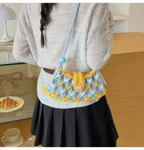 Cute handmade knit shoulder bag for women, stylish crochet crossbody purse with star.