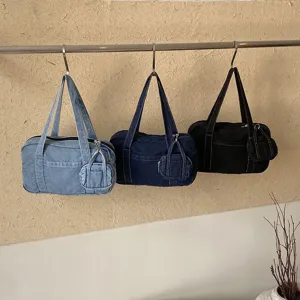 Retro denim shoulder bag casual vintage tote handbag for women with small pouch pendant stylish.