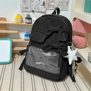 Chiquer schwarzer Schülerrucksack mit großen Schleifen und klarem Sichtfenster, süßer Daypack.