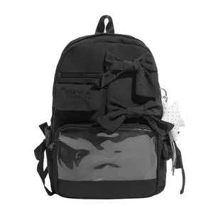 Schwarzer Damen Rucksack mit Schleife und transparentem Frontfach fuer Schule und Alltag neu Mode.