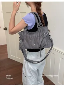 Women grey suede underarm shoulder bag vintage rivet messenger bag for daily commute fashion