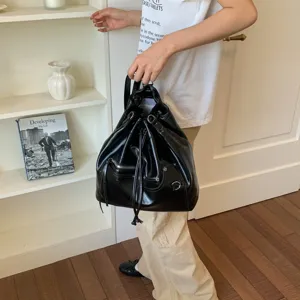 Große Kapazität PU Kordelzug Motorrad Rucksack Mode Pendeln lässige Eimer Tasche für Damen