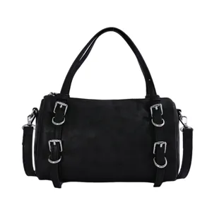 Borsa a mano cilindrica nera da donna con cinturini con fibbia, stile punk vintage.