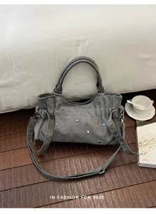 Grey suede rivet underarm bag, stylish retro versatile shoulder and crossbody bag for women.