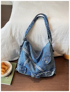 Casual large capacity denim shoulder bag women vintage slouchy hobo tote with zipper details