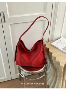 Red retro shoulder bag detail, large capacity tote bag for women daily commute style and fashion.
