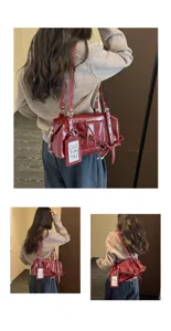 Details of the wine red patent leather shoulder bag, stylish pillow bag for women daily commute.