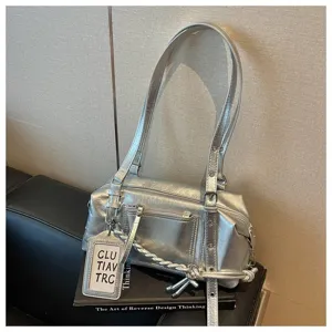 Silver metallic shoulder bag for women, trendy chic pillow bag with double straps and tag.