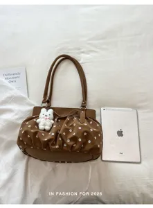 Sac bandoulière marron de grande capacité avec motif de fleurs mignonnes pour les femmes.