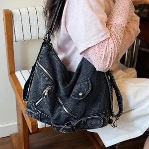 Casual large-capacity denim shoulder bag for women, versatile motorcycle style tote backpack.