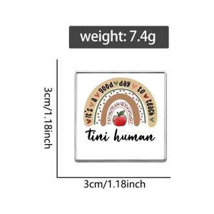 Teacher theme square metal brooch badge with cute rainbow apple design, 3cm size.