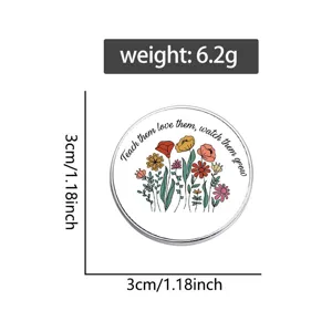 Metal floral brooch badge with inspiring text, compact size 3cm, lightweight 6.2g accessory.
