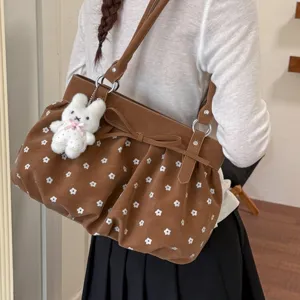 Sac à Épaule Grande Capacité Imprimé Floral en Cuir PU Femmes Sac Seau Nœud Papillon Pendentif Lapin Mode Décontracté Sac sous le Bras
