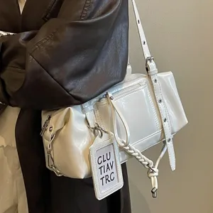 Stylish white patent leather shoulder bag for women, large capacity pillow commute tote bag.