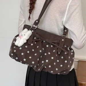 Sac à épaule marron à fleurs pour femme, élégant sac fourre-tout tendance pour le travail.