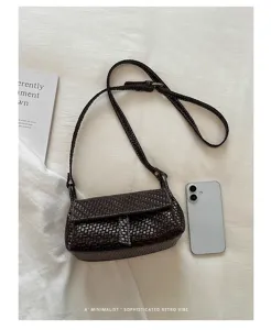 Dark brown woven leather crossbody bag, stylish mini retro shoulder bag for women daily use.