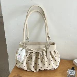 Sac à épaule plissé beige pour femme, joli nœud et pendentif lapin, sac fourre-tout.