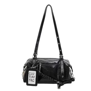 Black crinkled leather shoulder bag women large capacity pillow handbag for daily commuting.
