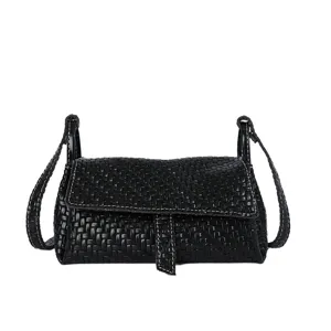 Black woven leather crossbody bag for women, stylish mini shoulder bag with flap closure.