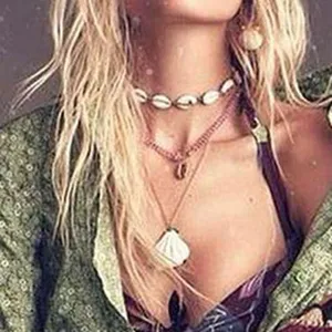 Layered shell necklace detail showcasing beach style jewelry pendant and choker set design.