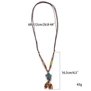 Ethnic ceramic long necklace with star pendant, adjustable brown cord sweater chain for women.