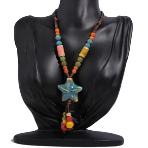 Vintage Ethnic Ceramic Starfish Pendant Long Necklace Handmade Adjustable Braided Rope Bead Sweater Chain Tassel Holiday Jewelry Gift For Women