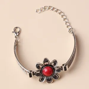 Vintage silver flower bracelet with red stone, retro jewelry accessory for daily wear.