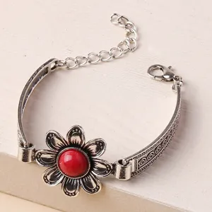 Vintage silver tone red stone flower bracelet with extension chain and lobster clasp.